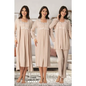 Effortt Kadın Uzun Kollu Pijama Takımı Gecelik Sabahlık Lohusa Hamile 4'lü Set 2405