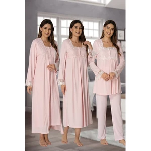 Effortt Kadın Uzun Kollu Pijama Takımı Gecelik Sabahlık Lohusa Hamile 4'lü Set 2405