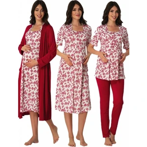 Effortt Kadın Gecelik Sabahlık Pijama Takımı Lohusa Hamile 4'lü Set 8016