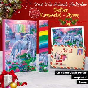Halk Kitabevi Kartpostallı Hediye Seti - 1 Unicorn 128 Sayfa Defter 1 Kartpostal 1 Ayraç