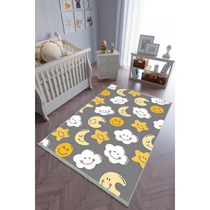 10 Post Online Çocuk Odası Halısı Gri Sarı Yolluk Kaymaz Yuvarlak Oval Kesme Ince Yıkanabilir Halı