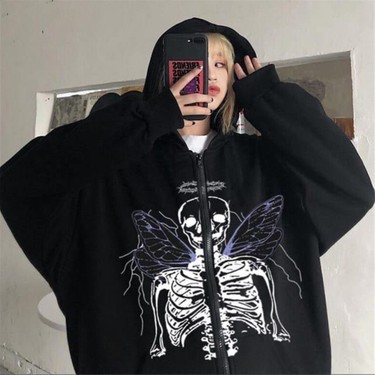 Touz Moda Harajuku Angel Skeleton Fermuarlı Kapşonlu Kalın Fiyatı