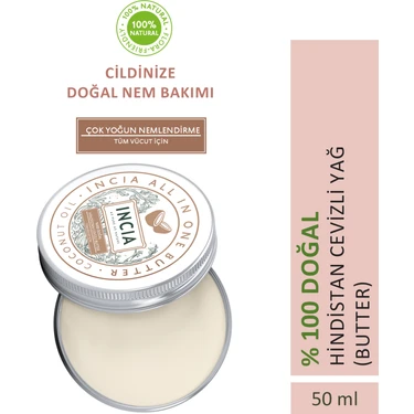 INCIA %100 Doğal Tüm Vücut İçin Butter Yoğun Nemlendirici Krem Hindistan Cevizli Organik Vegan 50