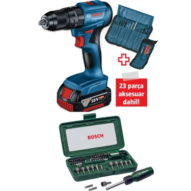 Bosch Gsb 185 LI Tek Akülü Kömürsüz Darbeli Matkap Vidalama Şarjlı Matkap ve 46 Parça Tornavida