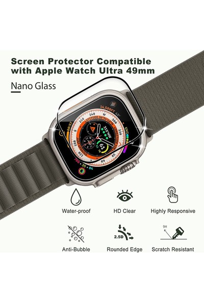 Arazon Apple Watch Ultra 49MM Uyumlu Tam Kaplayan Temperli Ekran Ekran Koruyucu Cam