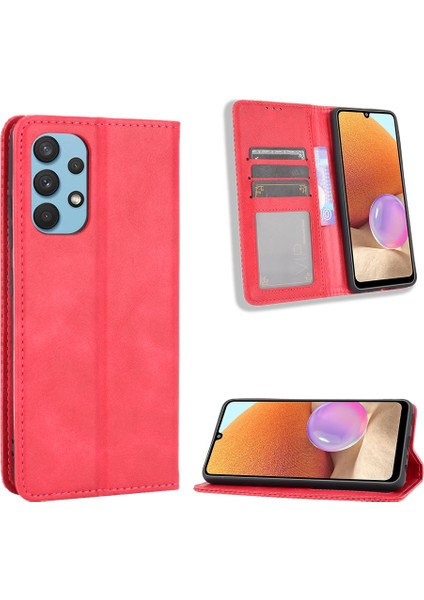 Samsung Galaxy A32 4g Için Otomatik Emilmiş Manyetik Vintage Stil Cüzdan Stand Telefon Kılıfı Kapak (Yurt Dışından)
