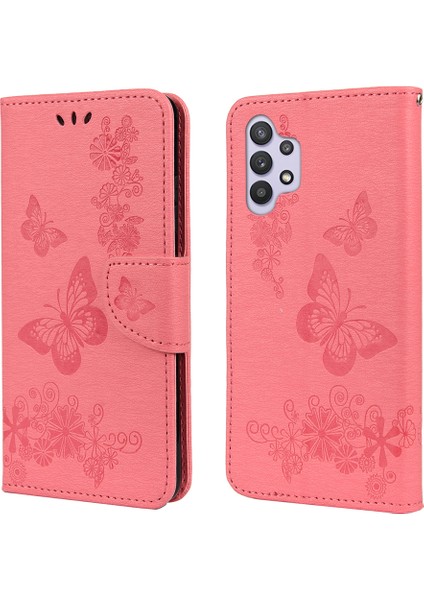 Kelebekler Çiçek Desen Tasarımı Deri Deri Cüzdan Stand Samsung Galaxy A32 4g Eu Versiyonu (Yurt Dışından)