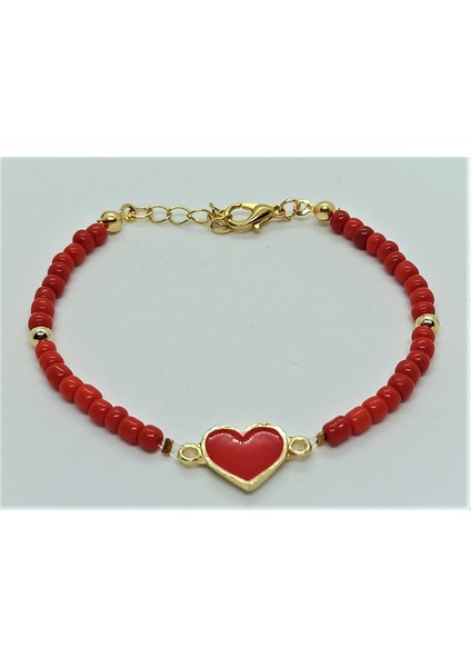 Handmade El Yapımı Kırmızı Altın Kaplama Kalp Kadın Bileklik