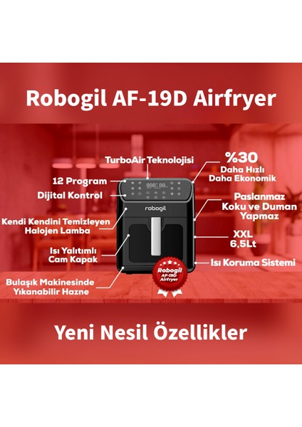 AF-19D Airfryer XXL 6,5lt Halojen Lambalı Cam Kapaklı Sıcak Hava Fritözü