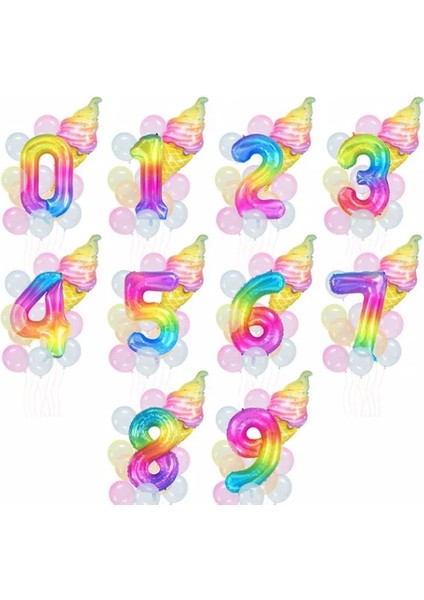 Gökkuşağı Rakam ve Dondurma Balon Set Balon Folyo Set Konsept Doğum Günü Set Yaş Balon Set