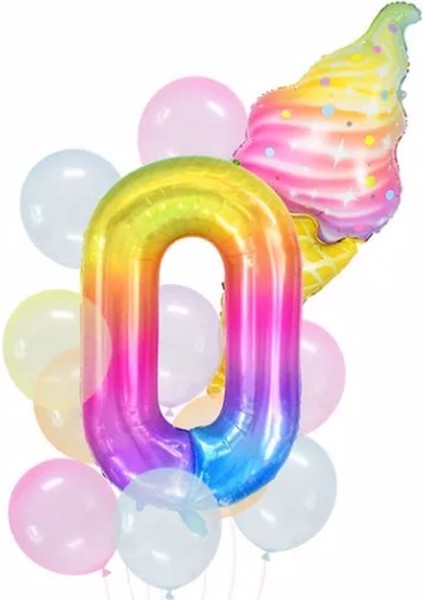 Gökkuşağı Rakam ve Dondurma Balon Set Balon Folyo Set Konsept Doğum Günü Set Yaş Balon Set