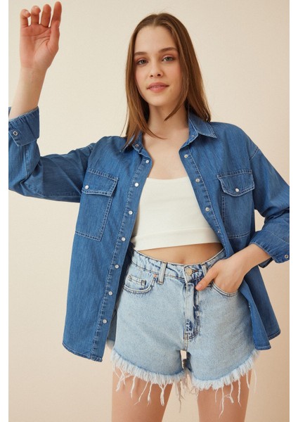 Kadın Mavi Çift Cepli Basic Jean Çıtçıtlı Kot Gömlek HZL22S-BD139971