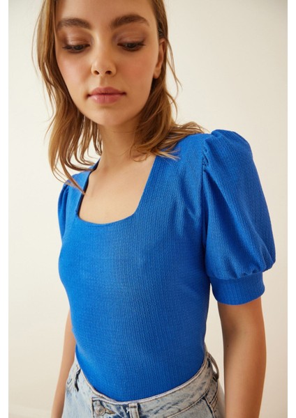 Kadın Kobalt Mavi Kare Yaka Örme Bluz HZL22W-BD104091 fiyatları