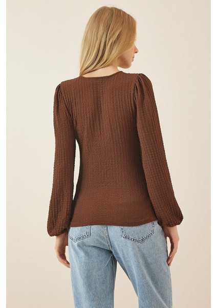 Kadın Çikolata Balon Kol Dokulu Kare Yaka Trend Örme Bluz HZL23W-BD104421 fırsatları