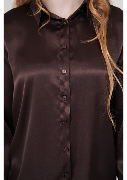 Kadın Kahverengi Hafif Dökümlü Saten Yüzeyli Gömlek HZL22W-BD139641 modelleri