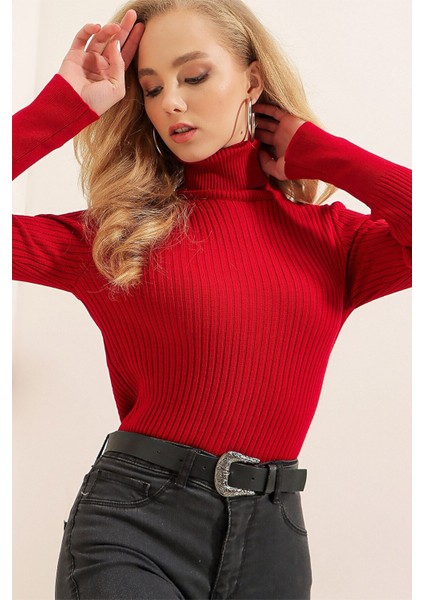 Kadın Kırmızı Boğazlı Fitilli Triko Balıkçı Yaka Kazak HZL22W-BD1445001 fırsatları
