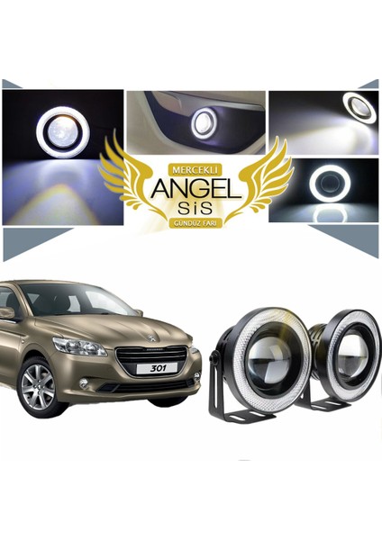 Peugeot 301 Uyumlu, Universal Mercekli LED Angel Sis Farı, 76MM Beyaz Renk