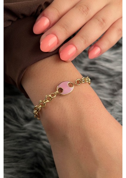 14 Ayar Altın Pembe Obje Detaylı Doch Zincir Bileklik modelleri