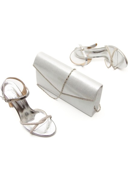 Kadın Platform Taşlı Abiye Ayakkabı ve Çanta Takımı Gümüş fiyatları