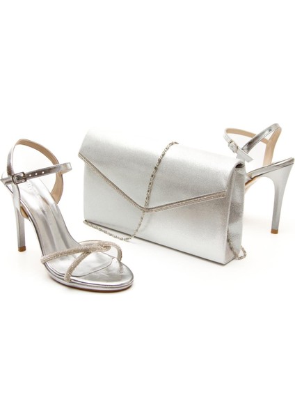 Kadın Platform Taşlı Abiye Ayakkabı ve Çanta Takımı Gümüş