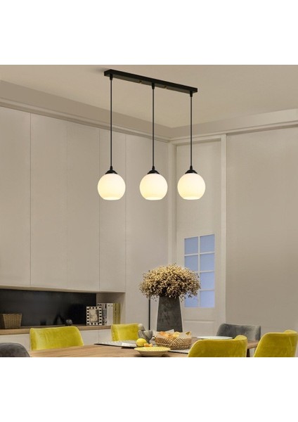 Modern Masa Üstü Opal Camlı 3XE27 Duylu Siyah Metal Gövde Sarkıt Avize Taban UZUNLUĞU:60CM