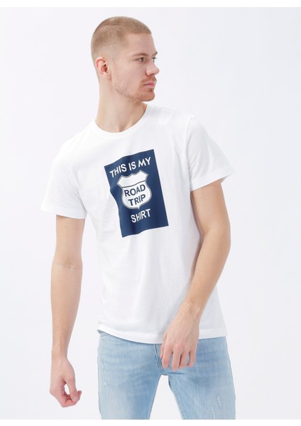 Bisiklet Yaka Baskılı Beyaz Erkek T-Shirt DTETS01_DENIM Trip Bisiklet Yaka Ra