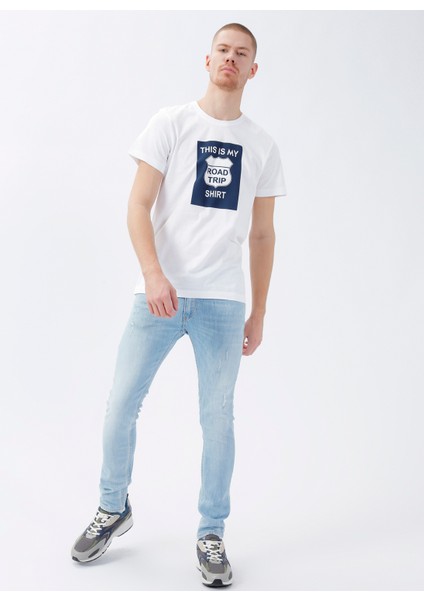 Bisiklet Yaka Baskılı Beyaz Erkek T-Shirt DTETS01_DENIM Trip Bisiklet Yaka Ra fiyatları