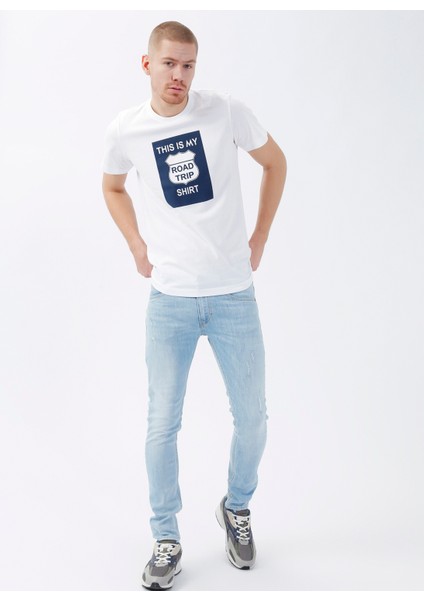 Bisiklet Yaka Baskılı Beyaz Erkek T-Shirt DTETS01_DENIM Trip Bisiklet Yaka Ra modelleri