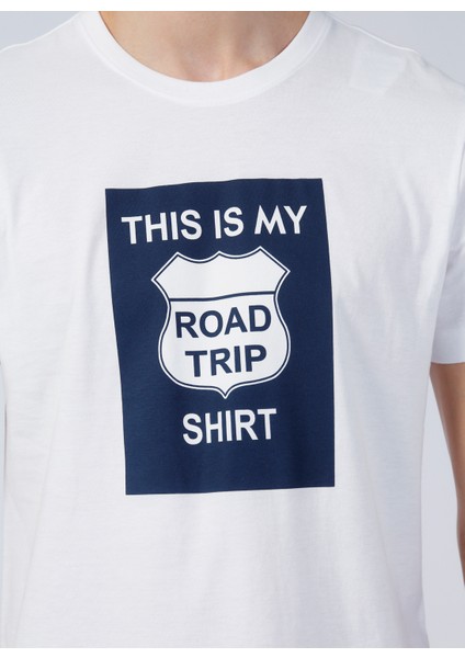 Bisiklet Yaka Baskılı Beyaz Erkek T-Shirt DTETS01_DENIM Trip Bisiklet Yaka Ra indirimleri