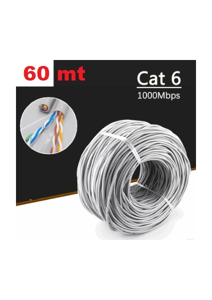 60MT Cat6 Kablo 60 Metre Bakır Telli Data / Internet / Modem / Ethernet Internet Kablosu