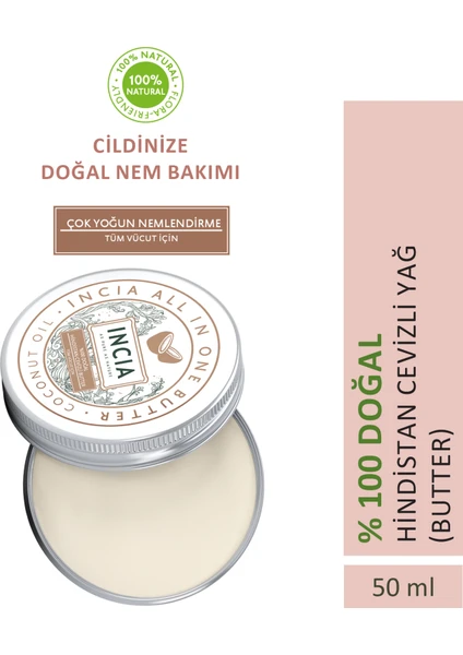 %100 Doğal Tüm Vücut İçin Butter Yoğun Nemlendirici Krem Hindistan Cevizli Organik Vegan 50 ml