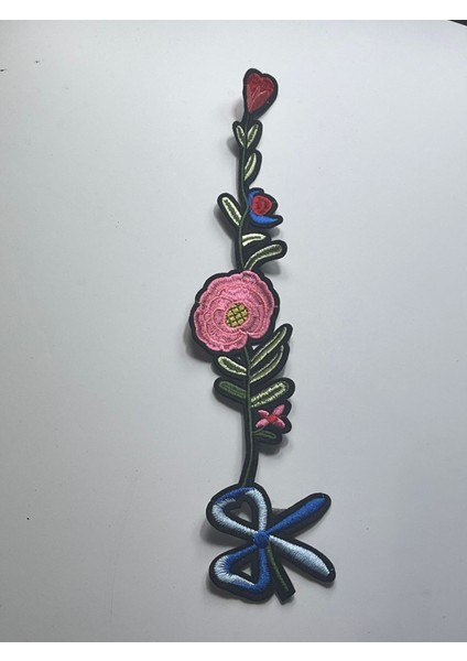 31X6 cm Pembe Gül Yeşil Yapraklı Fiyonklu Ütü Ile Yapışan Nakışlı Aplike Yama Dikiş Güpür Nakış