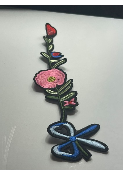31X6 cm Pembe Gül Yeşil Yapraklı Fiyonklu Ütü Ile Yapışan Nakışlı Aplike Yama Dikiş Güpür Nakış
