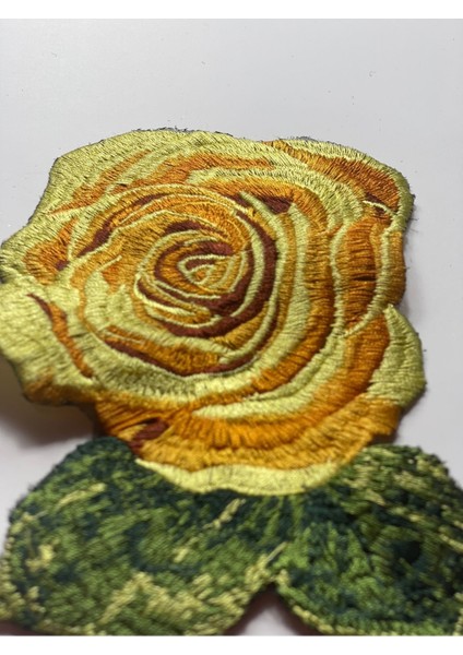 20X11 cm Sarı Gül Yeşil Yapraklı Nakışlı Aplike Yama Dikiş Güpür Nakış