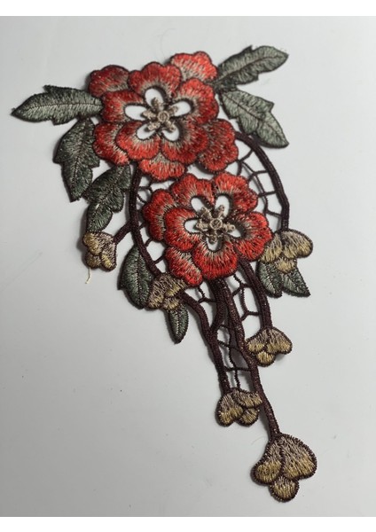 26X16 cm Kiremit Gül Yapraklı Nakışlı Aplike Yama Dikiş Güpür Nakış