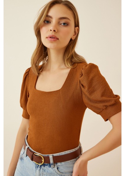 Kadın Taba Kare Yaka Örme Bluz HZL22W-BD104091 fiyatları