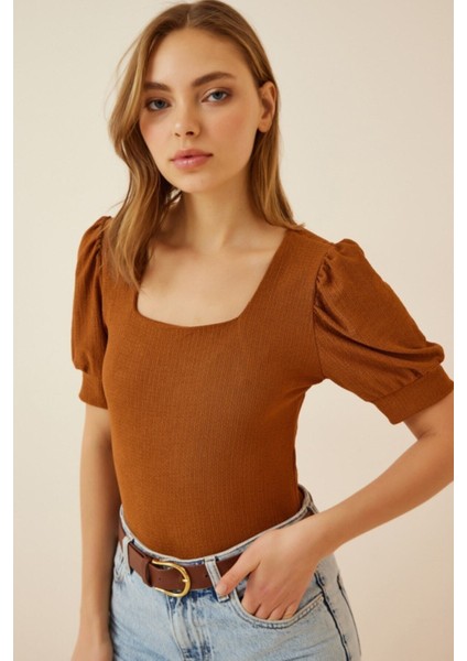 Kadın Taba Kare Yaka Örme Bluz HZL22W-BD104091 fırsatları