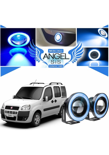 Fiat Doblo D1 Uyumlu, Universal Mercekli LED Angel Sis Farı, 76MM Buz Mavi Renk