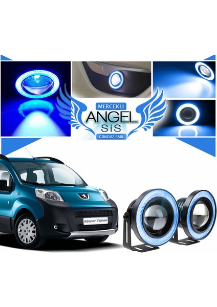 Peugeot Bipper Uyumlu, Universal Mercekli LED Angel Sis Farı, 76MM Buz Mavi Renk