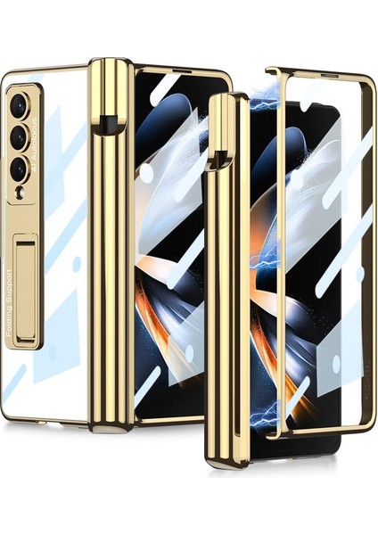 Samsung Galaxy Z Fold 4 Uyumlu Kılıf Kalem Bölmeli Kick Standlı Kapak Premium Electroplate Metalik