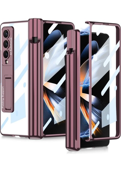 Samsung Galaxy Z Fold 4 Uyumlu Kılıf Kalem Bölmeli Kick Standlı Kapak Premium Electroplate Metalik