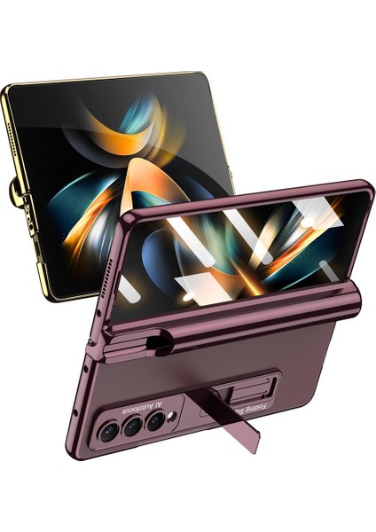 Samsung Galaxy Z Fold 4 Uyumlu Kılıf Kalem Bölmeli Kick Standlı Kapak Premium Electroplate Metalik