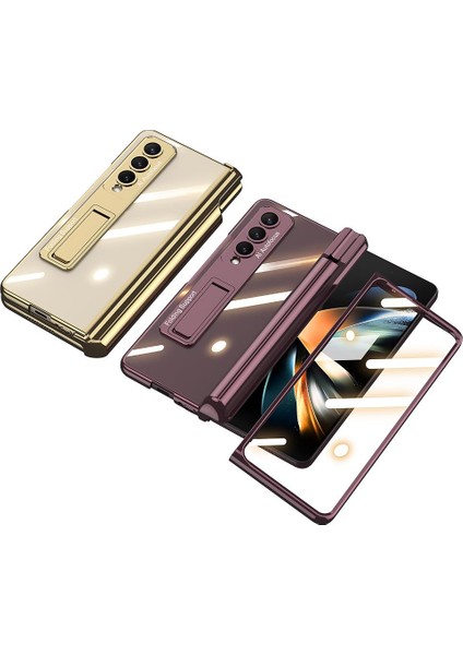 Samsung Galaxy Z Fold 4 Uyumlu Kılıf Kalem Bölmeli Kick Standlı Kapak Premium Electroplate Metalik