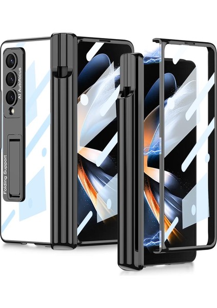 Samsung Galaxy Z Fold 4 Uyumlu Kılıf Kalem Bölmeli Kick Standlı Kapak Premium Electroplate Metalik