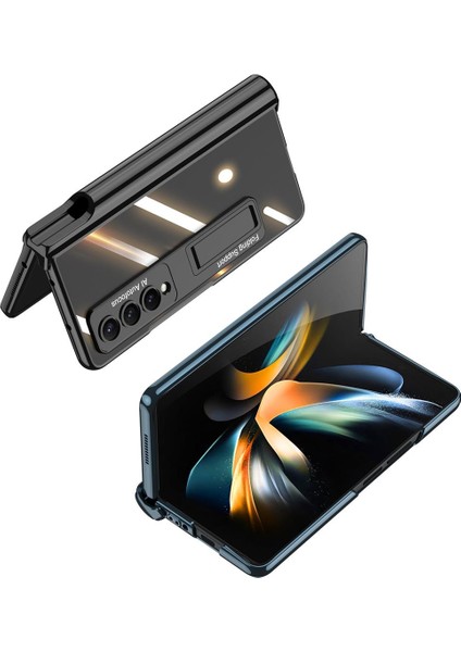 Samsung Galaxy Z Fold 4 Uyumlu Kılıf Kalem Bölmeli Kick Standlı Kapak Premium Electroplate Metalik