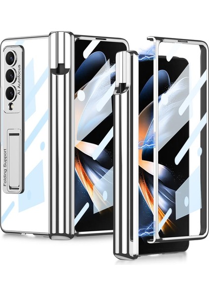 Samsung Galaxy Z Fold 4 Uyumlu Kılıf Kalem Bölmeli Kick Standlı Kapak Premium Electroplate Metalik