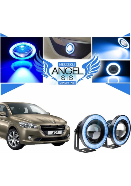 STS Oto Aksesuar Peugeot 301 Uyumlu, Universal Mercekli LED Angel Sis Farı, 76MM Buz Mavi Renk