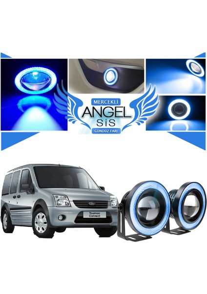 Ford Transit Connect Uyumlu, Universal Mercekli LED Angel Sis Farı, 76MM Buz Mavi Renk