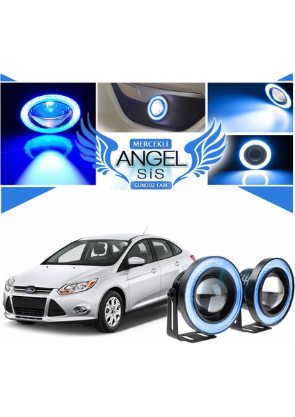 Ford Focus 3 Uyumlu, Universal Mercekli LED Angel Sis Farı, 76MM Buz Mavi Renk