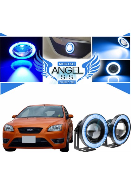 STS Oto Aksesuar Ford Focus 2 Uyumlu, Universal Mercekli LED Angel Sis Farı, 76MM Buz Mavi Renk